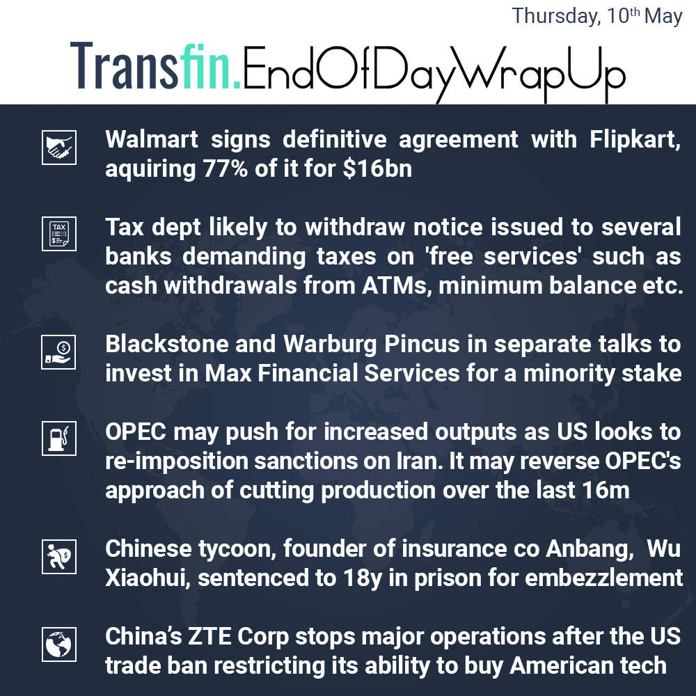 End of Day Wrap-up (Thursday / May 10, 2018) #Walmart #Flipkart #Tax #ATM #Blackstone #WarburgPincus #OPEC #Anbang #WuXiaohui #US #Trade #US #Transfin End of Day Wrap-up (Thursday / May 10, 2018) #Walmart #Flipkart #Tax #ATM #Blackstone #WarburgPincus #OPEC #Anbang #WuXiaohui #US #Trade #US #Transfin