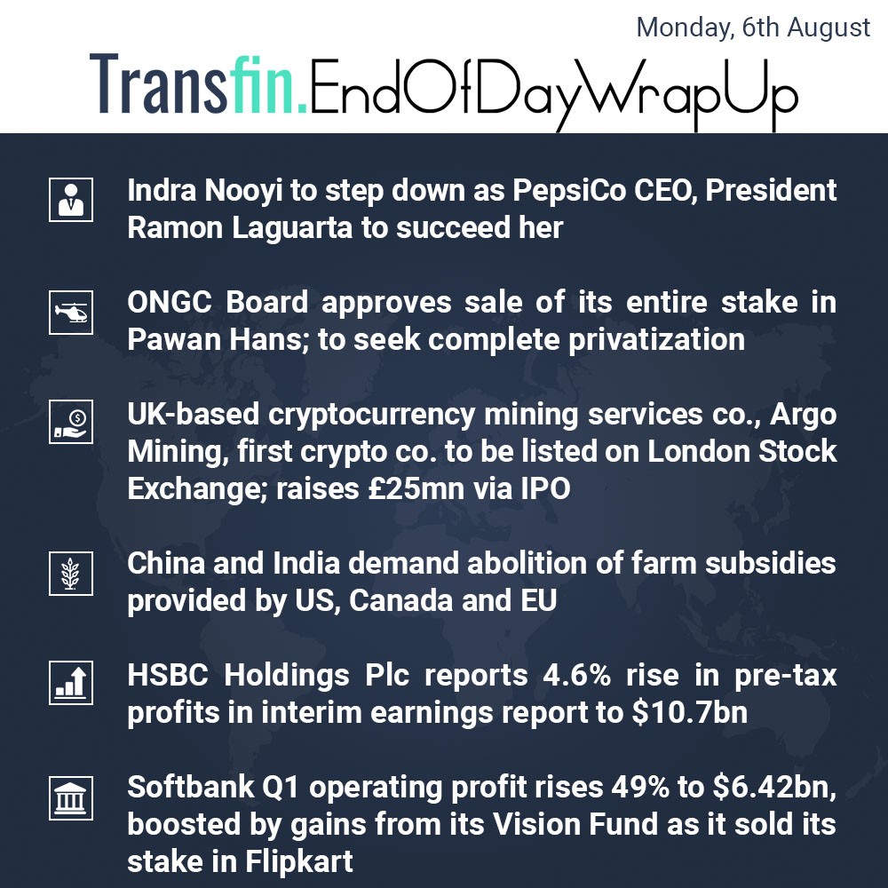 End of Day Wrap-up (Monday / Aug 6, 2018) #IndraNooyi #PepsiCo #CEO #ONGC #ArgoMining #China #India #farmsubsidy #HSBC #SoftBank #VisionFund #Flipkart #Transfin End of Day Wrap-up (Monday / Aug 6, 2018) #IndraNooyi #PepsiCo #CEO #ONGC #ArgoMining #China #India #farmsubsidy #HSBC #SoftBank #VisionFund #Flipkart #Transfin