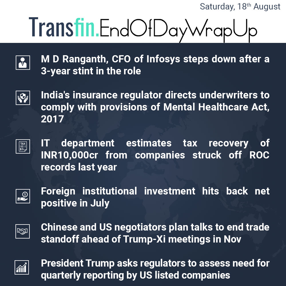End of Day Wrap-up (Saturday / Aug 18, 2018) #Infosys #insurance #IT #tax #Chinese #China #US #tradewar #Trump #DonaldTrump #XiJinping #Transfin End of Day Wrap-up (Saturday / Aug 18, 2018) #Infosys #insurance #IT #tax #Chinese #China #US #tradewar #Trump #DonaldTrump #XiJinping #Transfin